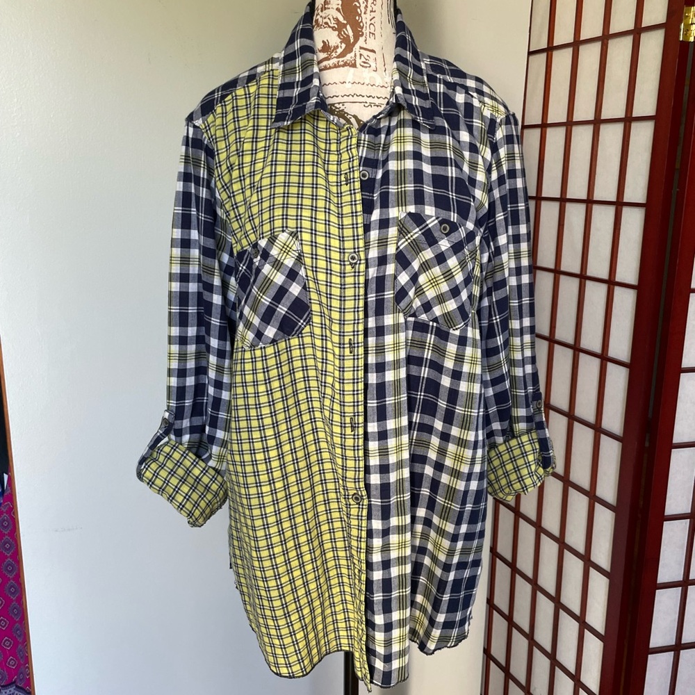 Multiples Yellow & Navy Women's Plaid Shirt, Size XL